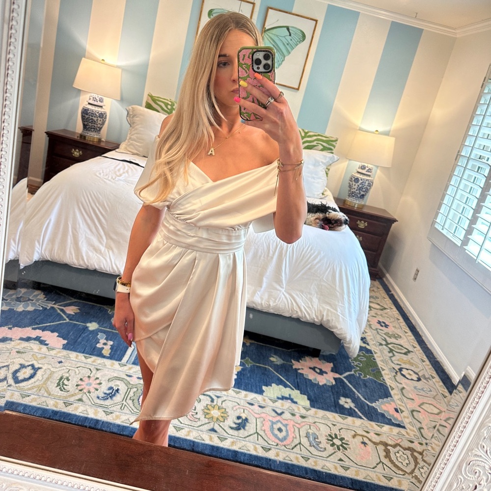 Always Celebrating Ivory Satin Off-the-Shoulder Mini Dress